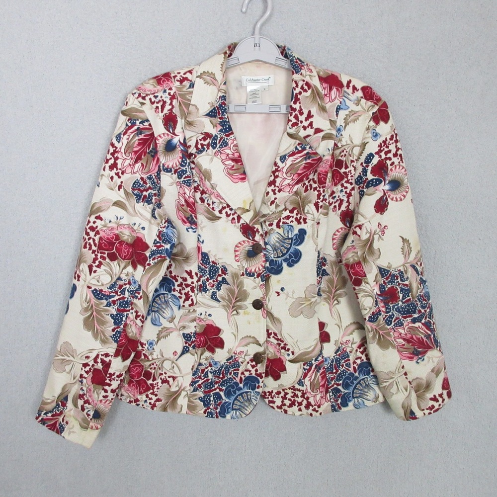 Coldwater Creek Blazer Women L Cream Floral Cotton Notched Lapel 3-Button Jacket